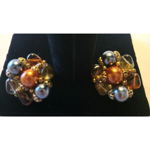 Vintage Trifari Earrings Gold Tone Faux Pearl Beaded Cluster Clip-On Jewelry